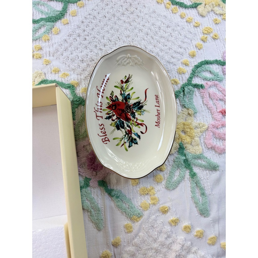 Lenox Winter Greetings Cardinal Oval Dish Bless This Home Mosher Lane Gold Rim